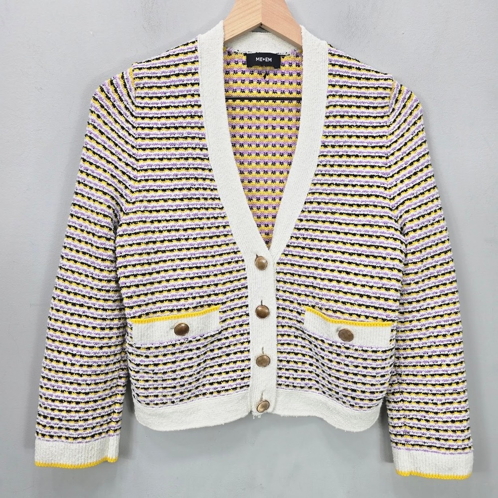 ME+EM Knit Cardigan Sweater XS Multicolor V Neck Preppy Academia Old Money